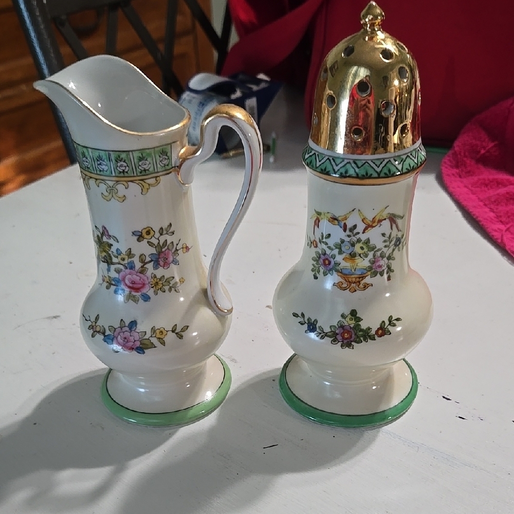 Vintage Noritake Hand Painted Floral Porcelain Creamer and Sugar Shaker Set
